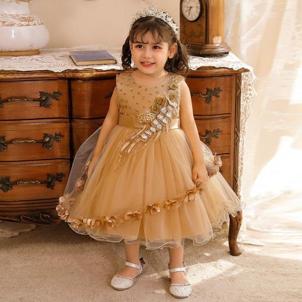 Vestidos de niña Oro Bebé Niños Infantil Flor Princesa Fiesta Tutu Vestidos Niños Boda Dama de honor Vestido de perlas para niños pequeños Vestidos Vestir