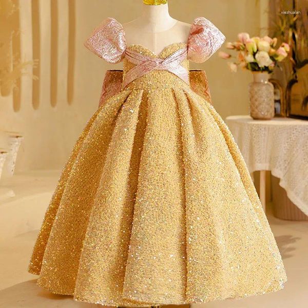 Robes de fille Robe de fête de Noël en or Petites filles Robe de bal de princesse de luxe 3-14 ans Teen Sequin Vintage Banquet formel Pageant