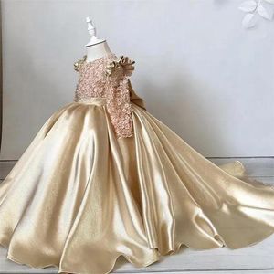 Robes de fille robe de bal à fleurs dorées en Satin manches longues fleurs 3D petites robes d'anniversaire de princesse avec grand nœud