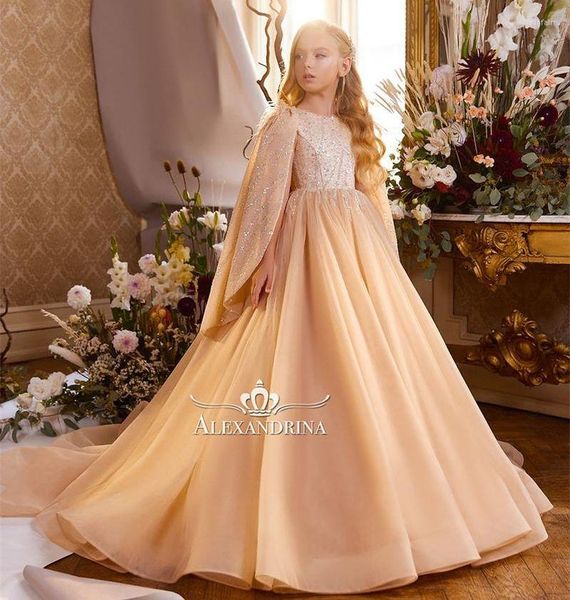 Robes de fille robe de concours de filles d'or pour Poshoot avec manches Cape paillettes robes de fête d'anniversaire mariages de fleurs