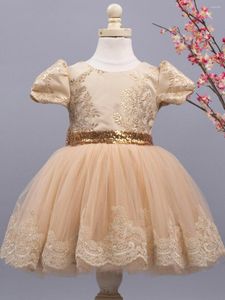 Meisje jurken gouden kanten bloem jurk pailletten bown schattige baby knie lengte jeugd verjaardagsfeestje eerste communie