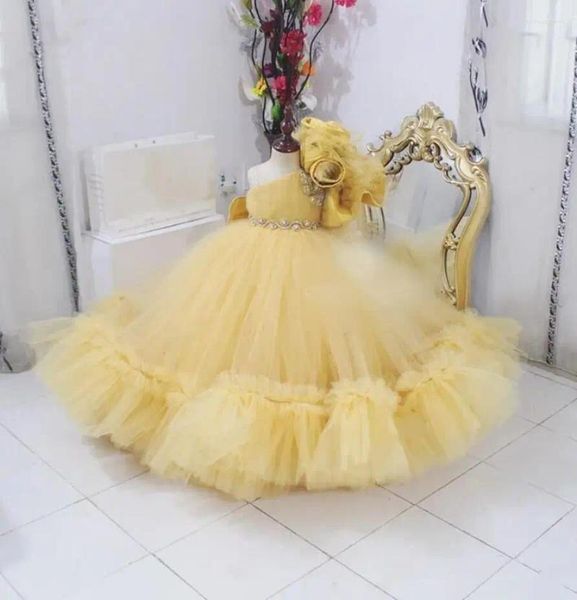 Vestidos de niña Vestido de flores de un hombro dorado Niños Cristales Niños Poshoot Cumpleaños del bebé