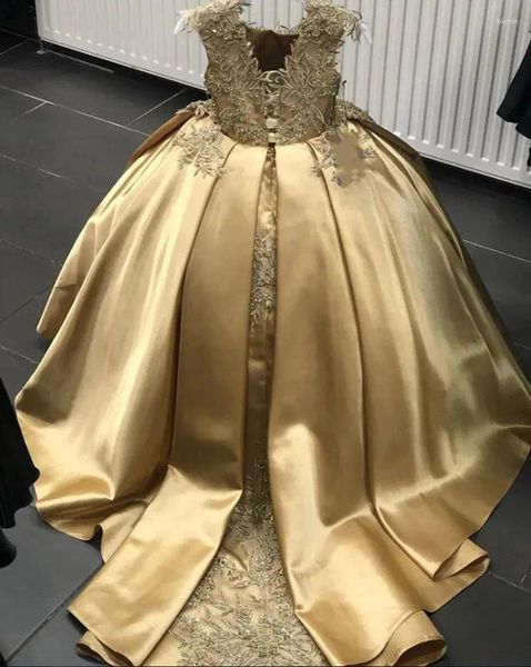 Robes de fille en Satin doré, robe à fleurs, images réelles, pour mariage, avec des appliques en dentelle, robe de concours de fête d'anniversaire pour enfants