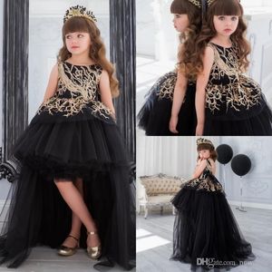 Robes de fille paillettes d'or robe de fleur avec train robe de bal noire Salut Lo petites filles Pagesnt robes formelles à plusieurs niveaux pour les enfants