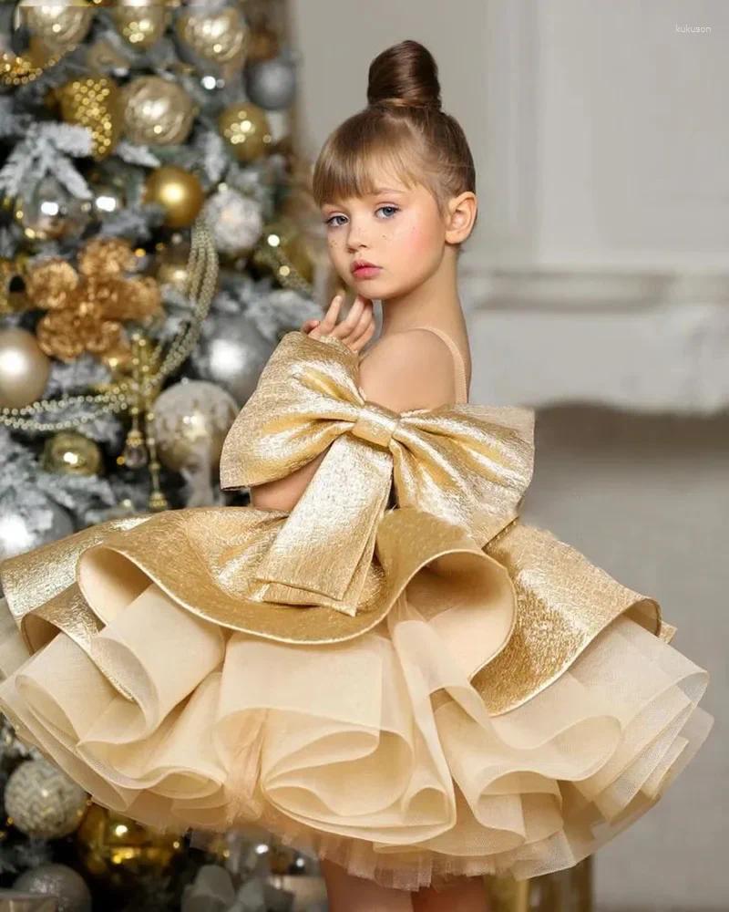 Sukienki dziewczyny złota błyszcząca tiul puchowa sukienka kwiatowa na kolano ślubne z dziobową księżniczką przyjęcie urodzinowe Pierwsza suknia kulowa