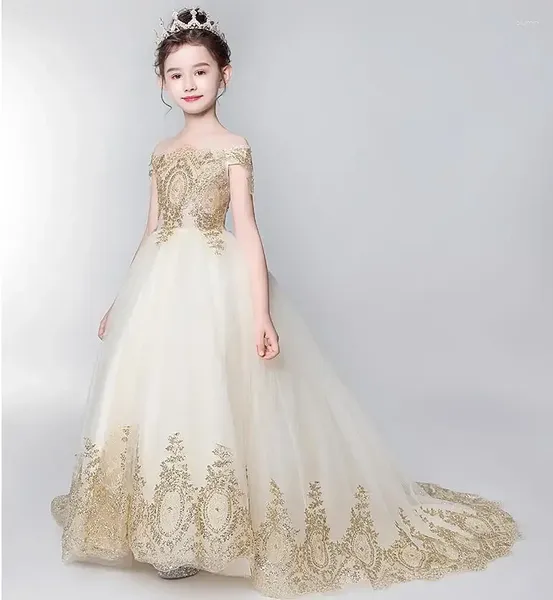 Vestidos de niña de tul dorado, vestidos de noche de fiesta para niños, encaje de lentejuelas, vestido de fiesta largo, vestido de flores para bodas, primera comunión