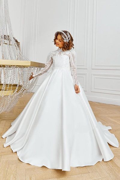 Robes de fille magnifique robe à fleurs pour mariage Satin dentelle Applique première Communion enfant tenue taille 1-16T