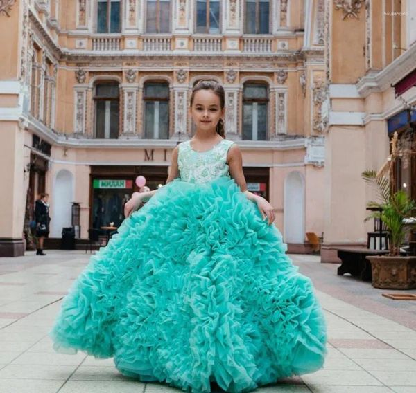 Vestidos de niña Precioso vestido de flores de menta O Cuello Pageant Vestido de fiesta Princesa Primera comunión Tamaño para niños 1-14T