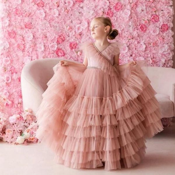 Robes de fille magnifique Tulle multi-niveaux bébé robe d'anniversaire col en V petite princesse fleur bal robe de reconstitution historique