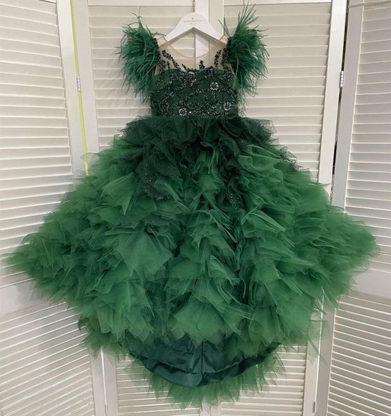 Vestidos de niña Flor de plumas verdes Volantes con cuentas Joya Cuello Gilrs Vestido de desfile Niños pequeños Primera comunión