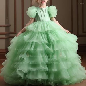 Robes de fille robe de bal en Tulle vert avec ceinture à plusieurs niveaux à manches courtes fleur pour mariage Communion fête concours jupe personnalisé FL4-2.5