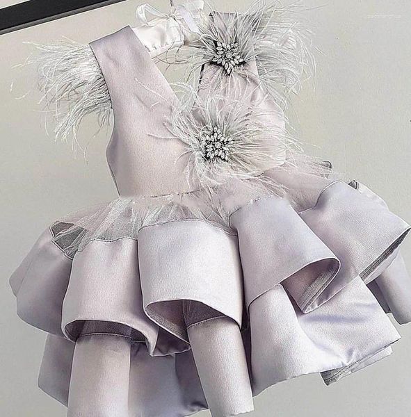 Robes de fille gris bébé filles genou longueur plume Tulle col en V robe à fleurs infantile enfant en bas âge robe de fête d'anniversaire