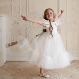 Fille Robes Gy Blanc Plissée À Manches Courtes Fleur Robe Mignonne Princesse Communion Enfants Prom Party Boho