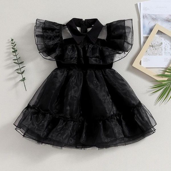 Robes d'halloween pour filles de 3 à 9 ans, tenue décontractée, noire, manches volantes, col rabattu, ligne a, Tulle doux