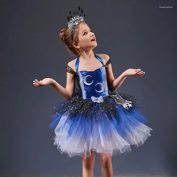 Vestidos de niña disfraz de Halloween para bebé vestido de tutú de encaje chico Sling Up estrella Luna lentejuelas danza túnica diadema 2 uds conjunto vestido de niño