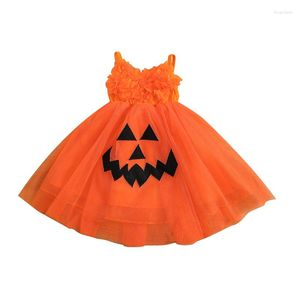 Robes de fille Halloween Toddler Girls Sweet Princess Dress Spaghetti Strap Front Flowers Grimace Pattern Mesh Patchwork Layered Hem