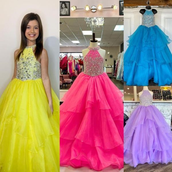 Vestidos de niña Halter Pageant Dress 2023 Ballgown Crystals Beaded Organza Niños Cumpleaños Fiesta formal Vestido Niños pequeños Preadolescente Miss Lilac
