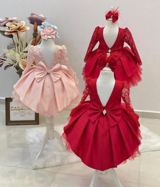 Robes de fille faites à la main en Satin rose rouge, robe de fête de premier anniversaire pour bébé, tenue Tutu de photographie pour enfant 12M 18M 24M