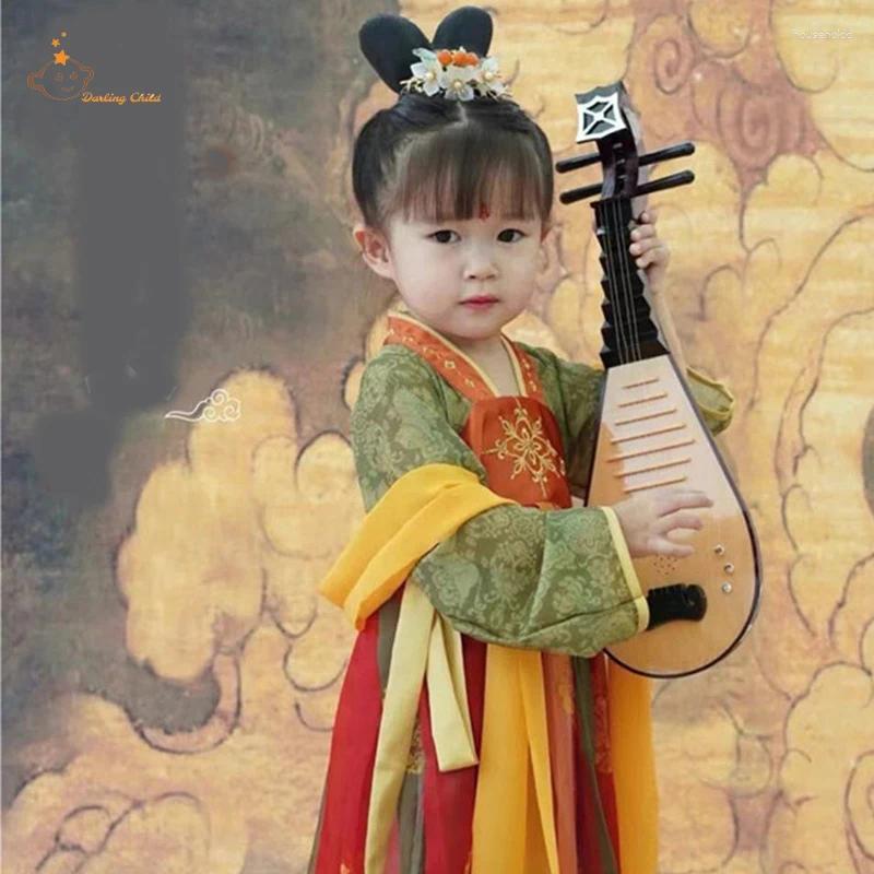 Flickaklänningar Hanfu Girls Spring and Autumn Fairy Dunhuang Flying Tang Dress Chinese Style Children Ancient Clothes