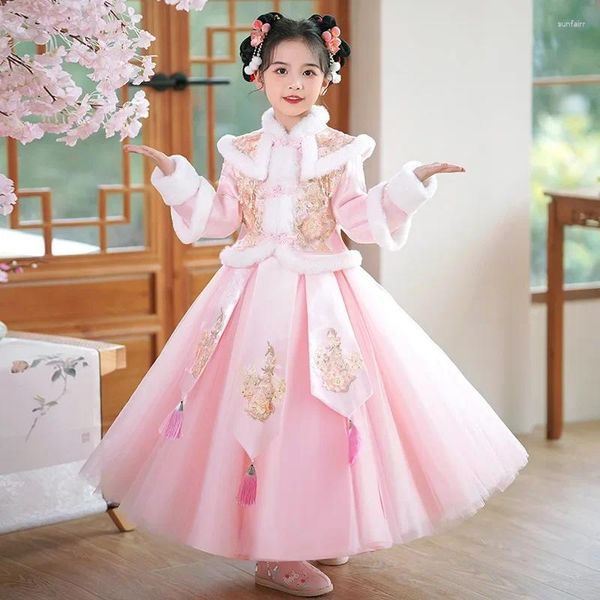 Robes de fille Hanfu robe de princesse hiver épais Qipao fée enfants broderie année chinoise vêtements robes de voeux