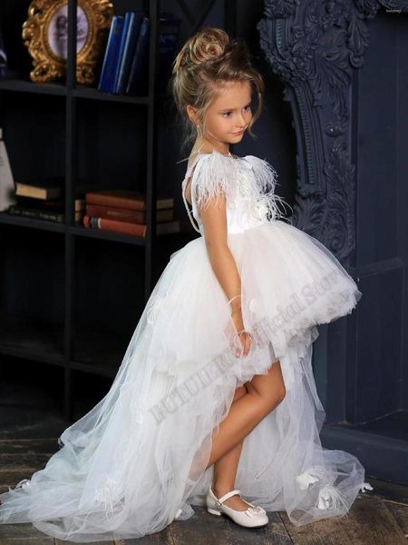 Robes de fille haut bas dentelle bijou cou plume fleur robe de bal bébé filles anniversaire mariage fête Pageant Costumes personnalisés