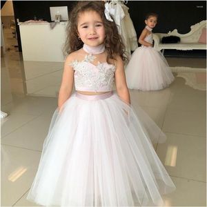 Meisjesjurken High Neck Applique Tule Kids Formele slijtage Verjaardag Kerstmis Girls Pageant Wedding Party Events Flower Custom