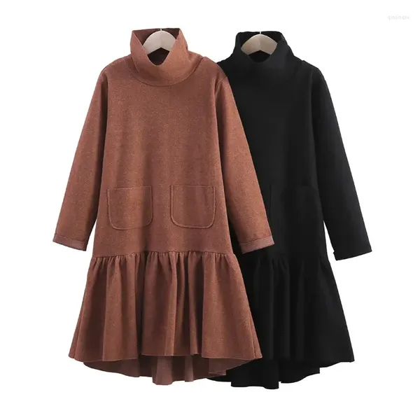 Robes fille col haut automne hiver robe adolescente mode enfants volants enfants vêtements mère et fille noir Kahki