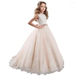 Girl -jurken Hygljl Lace Flower Girls voor bruiloften Mouwloze Puffy Prom Princess Pageant -jurk met tailleband Kids Tule Ball Gojts