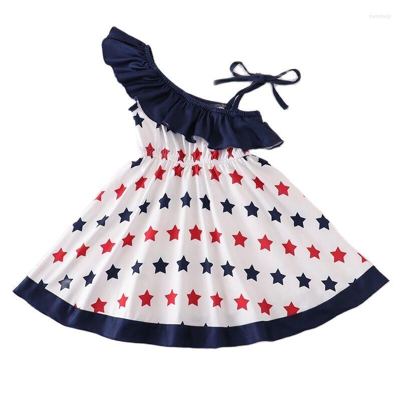 Girl Dresses Independence Day July 4th Baby Girls Boutique Clothes Embroidered Ruffles Milk Silk Star Woven Dress