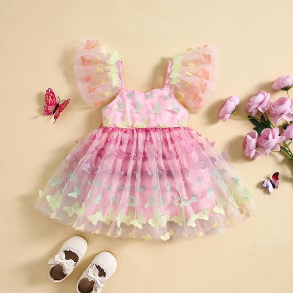 Robes de fête pour bébés filles, dégradé de papillon, manches pour tout-petits, col en cœur, ligne a, en maille florale, vêtements d'anniversaire