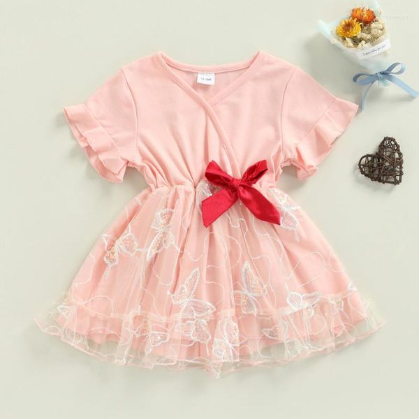 Fille robes infantile bébé robe à volants manches courtes col en v Double couche maille nœud décor papillon motif été 2022