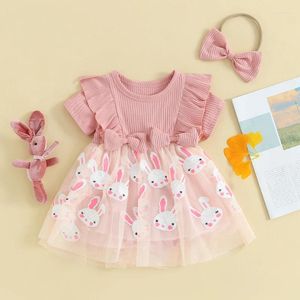 Robes de pâques pour bébés filles, tenue de pâques, lapin, manches courtes, barboteuse à volants, paillettes, robe en Tulle, vêtements d'été avec nœud