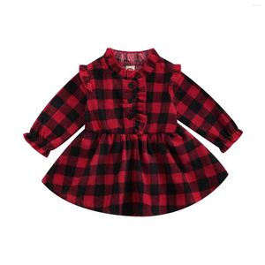 Meisjesjurken babymeisjes ruches a-line jurk kerst 2022 Casual corduroy met lange mouwen geruite gedrukte knielengte