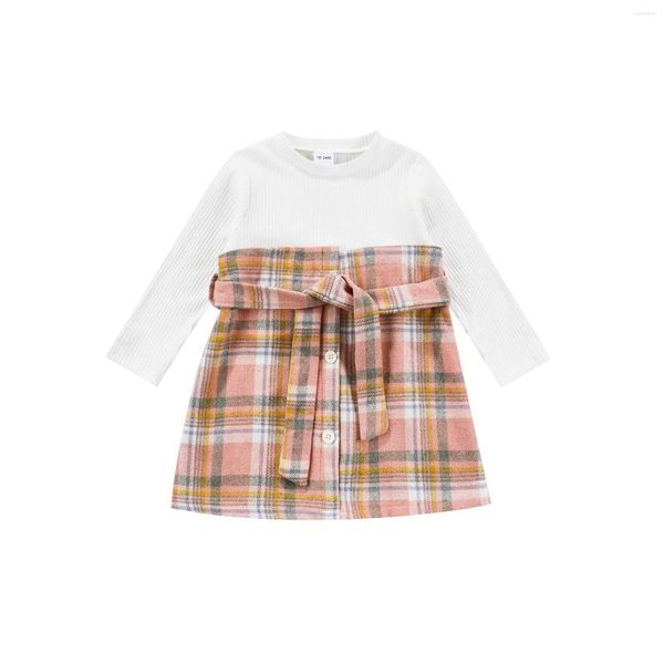 Fille robes infantile bébé manches longues faux deux pièces conception couleur unie couture rose vêtements à carreaux 9M-3T