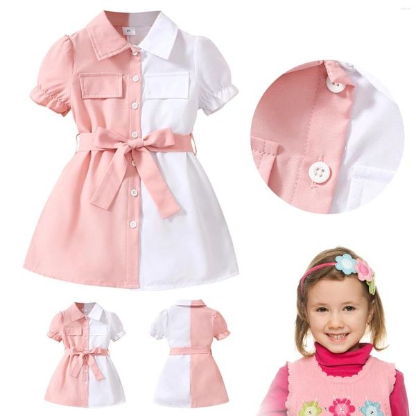 Vestidos de niña Vestido infantil de verano para niñas Vestido de color a juego y solapa blanca Manga corta con cordones Tamaño