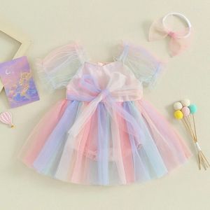 Robes d'été en maille et dentelle pour bébés filles, body avec bandeau à nœud, sans manches, en Tulle, Patchwork, ensemble barboteuse