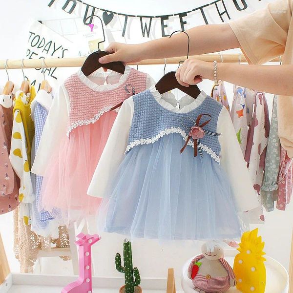 Vestidos de niña para niños, camisas de manga larga rosa y azul, Tops, chaleco con estampado de muñecas, vestido de bola de algodón para bebé, princesa de malla