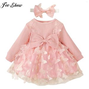 Robes de fille en bascule filles mignonnes baptême de fête d'anniversaire robe à manches longues bowknot en coton doux meesh tutu avec le bandeau balle de la Saint-Valentin Gow