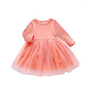 Fille Robes Infantile Mesh Patchwork Tutu Robe Enfants Bébé Style Décontracté À Manches Longues O-Cou Côtelé Une Pièce Costume Solide Couleur Princesse