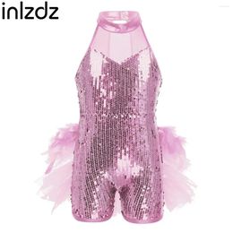 Robes de fille InIzdz enfants filles rose pur sans manches paillettes brillantes col montant danse de Ballet avec plume 1 pièces justaucorps maille Costume