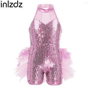 Meisje Jurken InIzdz Kids Meisjes Puur Roze Mouwloze Glanzende Pailletten Mock Hals Ballet Dans Met Veer 1 Stuks Turnpakje Mesh kostuum