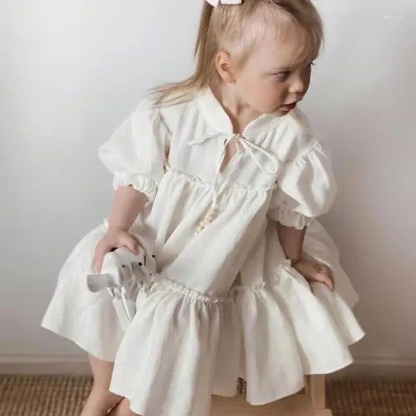 Robes de fille Ins bébé filles robe de coton causale pour enfant lin classique volants bas col en v vêtements d'été robe mode enfants portent