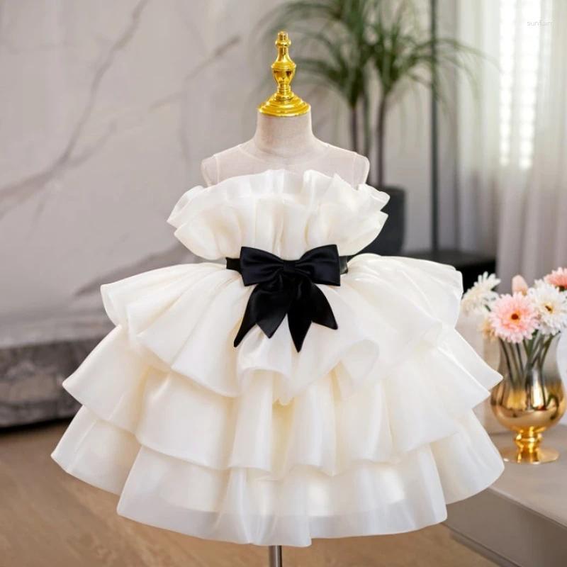 Mädchenkleider Elfenbeinfarbenes Ballkleid mit Blumen für die Hochzeit, abgestufte Rüschen, Festzugskleider, kleine Mädchen, Schleifen, Geburtstag, Erstkommunion