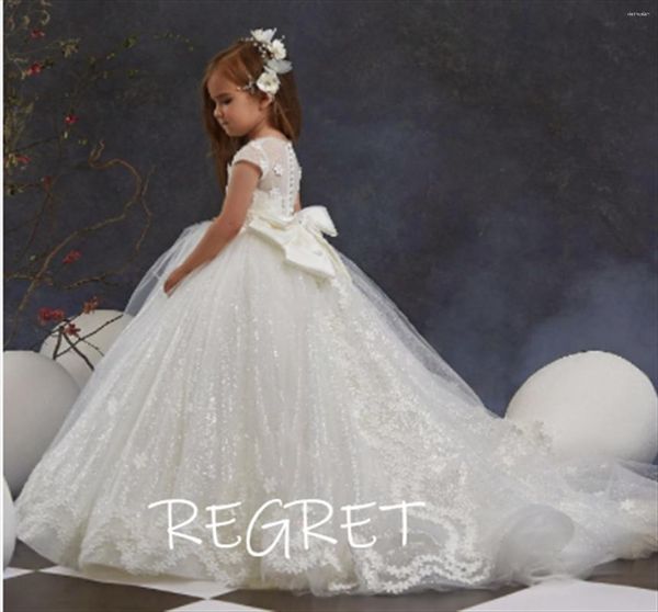 Robes de fille ivoire paillettes en tulle robe de robe fleur pour mariage o cou de concours