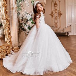 Fille Robes Ivoire Dentelle Appliques Fleur Filles Pour Les Mariages Perles Bébé Sheer Manches Longues Poshoot Princesse Robe D'anniversaire Robes