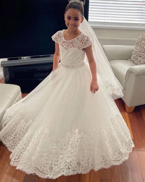 Robes de fille en dentelle ivoire fleur pour mariage perlé Tulle avec nœud enfants fête d'anniversaire robes de bal princesse première Communion robe