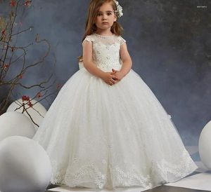 Robes de fille ivoire blanc fleur pour mariage O cou paillettes Tulle robe de concours longueur de plancher robe de bal de bal