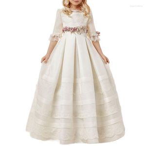 Fille robes ivoire blanc fleur filles première Communion bijou cou dentelle volants Pageant robes enfants une ligne robe de bal