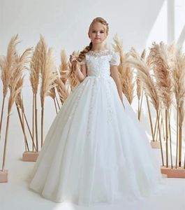 Robes de fille ivoire blanc fleur dentelle Appliques boutons dos enfants robe de fête de mariage filles première robe de Communion