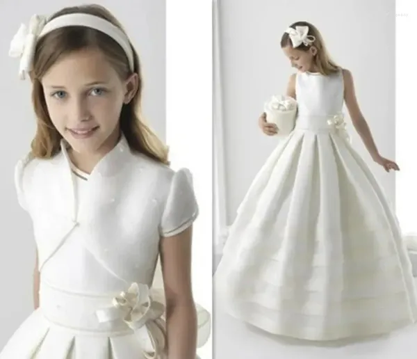 Robes de fille ivoire blanc filles robe de première Communion robe de bal perles de Satin petite princesse Pageant robes d'anniversaire